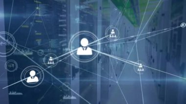 Animation of network of connections with icons and data processing over server room. Global connections, technology and digital interface concept digitally generated video.