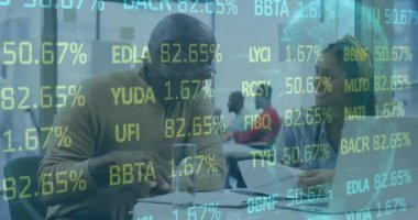 Animation of financial data processing over diverse business people. Global business, finances, computing and data processing concept digitally generated video.