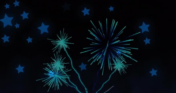 黒を背景に爆発する花火の上に浮かぶ青い星のアイコンのアニメーション 技術的背景概念 — ストック動画