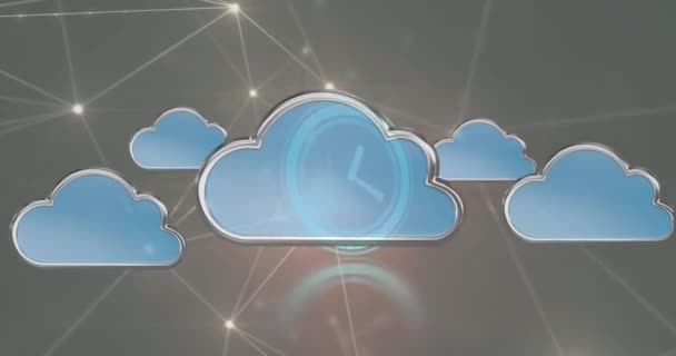 在霓虹灯定时器和发光的连接网络上动画云彩图标 全球联网和云数据存储技术概念 — 图库视频影像