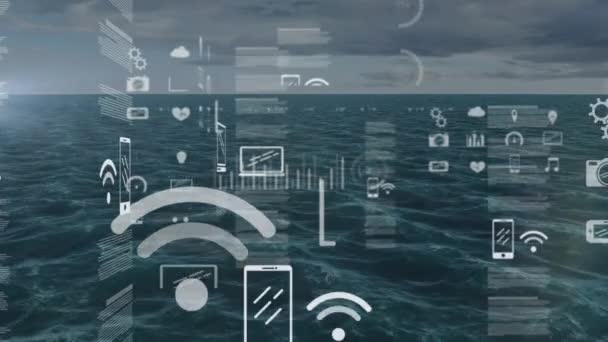 Animasjon Databehandling Med Ikoner Havet Global Teknologi Databehandling Digital Grensesnittkonsept – stockvideo