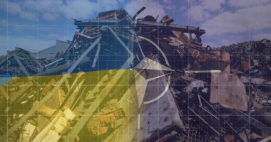 Ukrayna ve NATO 'nun veri işleme ve çöp dökümü üzerindeki görüntüleri. Küresel iş, vatanseverlik ve dijital arayüz kavramı dijital olarak oluşturulmuş görüntü.