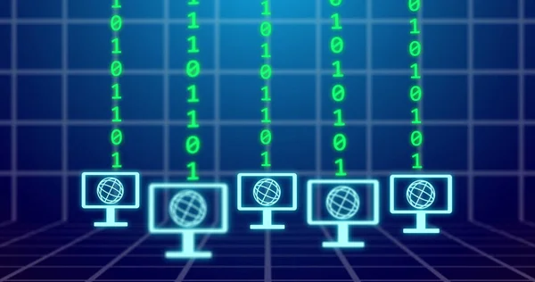 Image of binary coding and globe icons on blue background. Global business and digital interface concept digitally generated image.