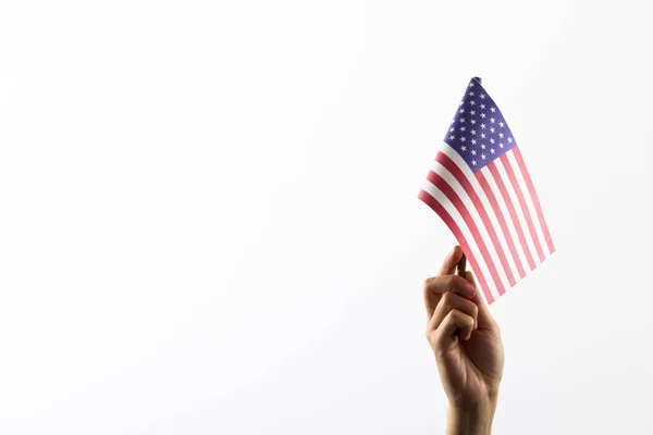 Hand Holding Flag Pole Usa White Background Copy Space Memorial — Stock Fotó