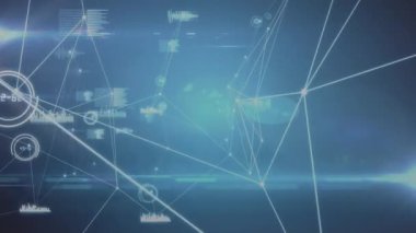 Mavi arkaplan üzerinde veri işleme ve bağlantı ağının animasyonu. Küresel iş ve dijital arayüz kavramı dijital olarak oluşturulmuş video.