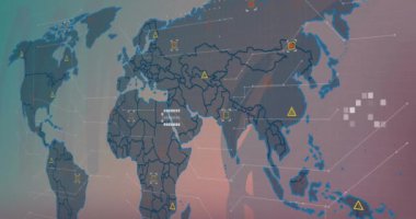 Veri işleme animasyonu ve ışık arka planında dünya haritası. Küresel iş ve dijital arayüz kavramı dijital olarak oluşturulmuş video.