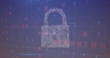 Siber saldırı metninin animasyonu, çevrimiçi güvenlik kilidi üzerinden veri işleme. Dijital olarak oluşturulmuş küresel çevrimiçi güvenlik, bilgisayar ve dijital arayüz kavramı.