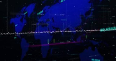 Dünya haritasında finansal veri işleme animasyonu. Küresel iş, finans, hesaplama, veri işleme ve bağlantılar konsepti dijital olarak oluşturulmuş video.