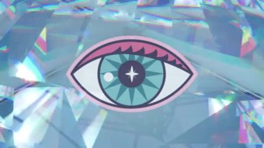 Parlayan kristallerin üzerindeki göz simgesinin canlandırılması. Soyut arkaplan, şablon ve hareket kavramı dijital olarak oluşturuldu.