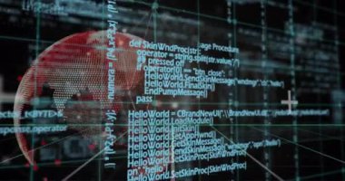 Şebeke üzerinde bağlantıları olan veri işleme ve küresinin animasyonu. Küresel ağlar, dijital arayüz ve dijital olarak oluşturulan veri işleme konsepti.