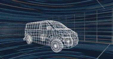 3D araba modelinin animasyonu ve şebeke üzerinde veri işleme. Küresel otomobil endüstrisi, işletme, finans, dijital arayüz ve dijital olarak üretilen video işleme kavramı.