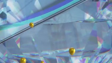 Parlayan kristallerin üzerinde altın balonların canlandırılması. Soyut arkaplan, kutlama ve parti konsepti dijital olarak oluşturulmuş video.