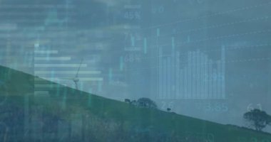 Rüzgar türbinlerinin üzerinde dünya haritasıyla medya simgeleri ve veri işleme animasyonları. Küresel iş, ekoloji ve dijital arayüz kavramı dijital olarak oluşturulmuş video.