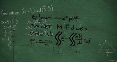 Animation of mathematical equations on green background. Global business and digital interface concept digitally generated video.