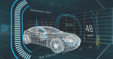 Siyah arka planda dijital arabanın üzerindeki araba panelinin animasyonu. Küresel iş ve dijital arayüz kavramı dijital olarak oluşturulmuş video.