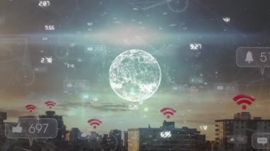 Dünyanın dört bir yanındaki numaraların animasyonu, bulutlu gökyüzüne karşı binalardaki kablosuz internet ikonlarının üzerindeki noktalar. Dijital bileşik, çoklu pozlama, küreselleşme, iletişim ve kablosuz teknoloji kavramı.
