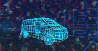 3D araba modelinin animasyonu ve şebeke üzerinde veri işleme. Küresel otomobil endüstrisi, işletme, finans, dijital arayüz ve dijital olarak üretilen video işleme kavramı.