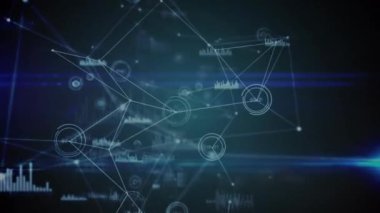 Soyut arkaplan üzerinde çizgiler ve ses dalgası simgeleri olan bağlı noktaların animasyonu. Dijital olarak üretilmiş, hologram, iletişim, rapor, iş ve teknoloji kavramı.
