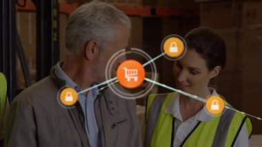 Depoda çalışan farklı iş adamlarının ikonlarıyla bağlantı ağının animasyonu. Dijital olarak oluşturulmuş küresel bağlantılar, dağıtım ve gönderme konsepti.