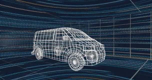 3D車モデルとグリッド上のデータ処理のアニメーション グローバルカー業界 ビジネス デジタルインターフェイスとデータ処理の概念デジタル生成されたビデオ — ストック動画