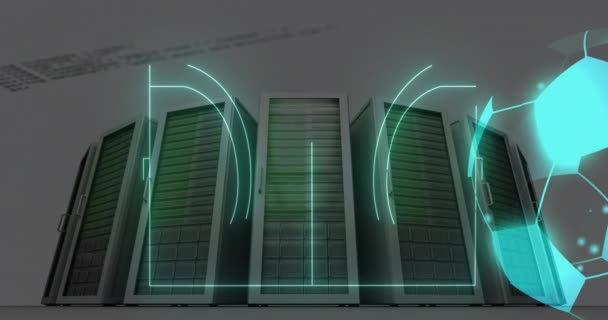 Animation Illuminated Soccer Ball Ground Server Rack Computer Language Digital — Stock Video
