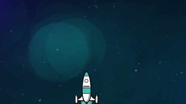 Animação Nave Espacial Decolando Sobre Manchas Azuis Estrelas Fundo Azul — Vídeo de Stock