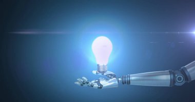 Robot kolu ve veri işlemeli ampul görüntüsü. Küresel yapay zeka, hesaplama ve veri işleme kavramı dijital olarak oluşturuldu.
