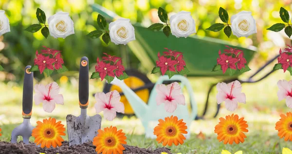 Image of flowers icons over garden and wheelbarrow. Nature, flowers and harmony concept digitally generated image.