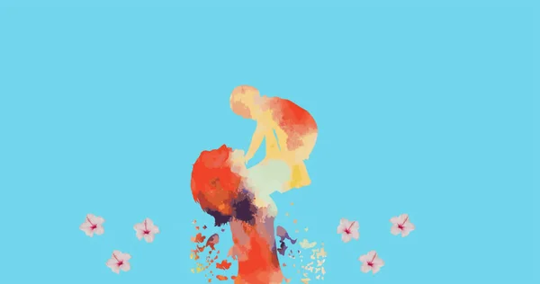 Bild Von Blumensymbolen Und Mutter Mit Kindermalerei Auf Blauem Hintergrund — Stockfoto