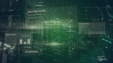 Bilgisayar dilinin metinler, harita, grafikler, yükleme çubukları, soyut arkaplan üzerindeki dünya üzerindeki animasyonu. Dijital olarak üretilmiş, hologram, küreselleşme, kodlama, rapor, iş, ilerleme ve teknoloji.
