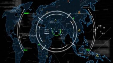 Dünya haritası ve veri işleme alanındaki taramaların animasyonu. Küresel iş, finans, hesaplama ve veri işleme kavramı dijital olarak oluşturulmuş video.
