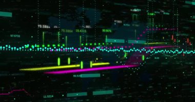 Dünya haritasında finansal veri işleme animasyonu. Küresel iş, finans, hesaplama, veri işleme ve bağlantılar konsepti dijital olarak oluşturulmuş video.