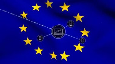 eu bayrağı üzerindeki simgelerle bağlantı ağının animasyonu. Küresel iş, vatanseverlik ve dijital arayüz kavramı dijital olarak üretilen video.