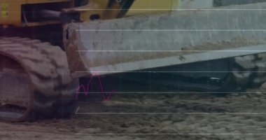 İnşaat alanında çalışan buldozer üzerindeki istatistiksel veri işleme animasyonu. İş veri teknolojisi kavramı