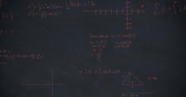 Tahta üzerinde matematiksel denklemlerin ve çizimlerin animasyonu. Bilim, eğitim ve öğrenme kavramı dijital olarak oluşturulmuş video.