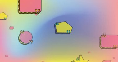 Renkli arka planda renkli şekillerin animasyonu. Sosyal medya, teknoloji, iletişim ve dijital arayüz kavramı dijital olarak oluşturulmuş video.