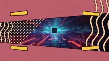 Arka plandaki fütüristik tünele karşı üçgenlerin, noktaların ve dalga modellerinin animasyonu. Dijital olarak üretilmiş, hologram, illüstrasyon, aydınlanma, soyut ve teknoloji konsepti.