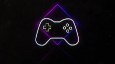 Siyah arkaplanda hareket eden oyun alanı simgesi ve neon şekillerinin animasyonu. Soyut arkaplan, şablon ve hareket kavramı dijital olarak oluşturuldu.