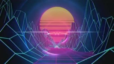 Parlayan güneş çemberleriyle nmetaverse animasyonu. Dijital olarak oluşturulan küresel ağlar, hesaplama ve veri işleme kavramı.