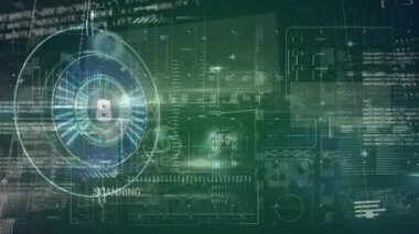 Siyah arkaplan taraması ile veri işleme animasyonu. Küresel teknoloji, bilgisayar ve dijital arayüz kavramı dijital olarak oluşturulmuş video.
