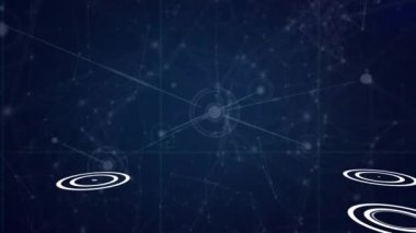 Birbirine bağlı noktalar üzerinde soyut şekiller üzerine çizgilerle bağlı dairelerin animasyonu. Dijital olarak üretilmiş, hologram, illüstrasyon, aydınlanma, bağlantı ve teknoloji konsepti.