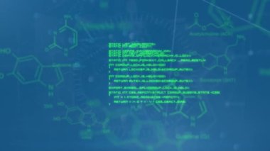 Mavi arka planda bilimsel veri işleme ve kimyasal yapıların animasyonu. Küresel bilim, dijital arayüz ve veri işleme kavramı dijital olarak oluşturulmuş video.