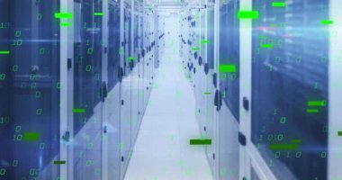 Bilgisayar sunucuları üzerinden veri işleme animasyonu. Küresel iş, bilgisayar, veri işleme ve bağlantılar konsepti dijital olarak oluşturulmuş video.