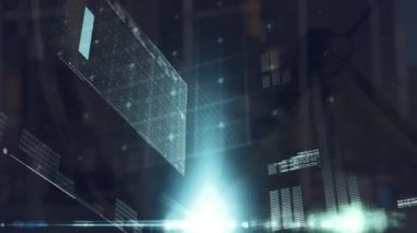 Ekranlarda finansal veri işleme animasyonu. Küresel iş, finans, hesaplama ve veri işleme kavramı dijital olarak oluşturulmuş video.