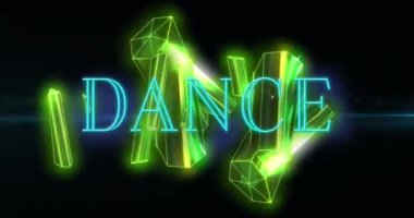 Siyah zemin üzerindeki mercek parlamalarına karşı 3 boyutlu soyut desen üzerinde dans metninin animasyonu. Dijital olarak üretilmiş, hologram, illüstrasyon, aydınlanma, parti ve teknoloji konsepti.