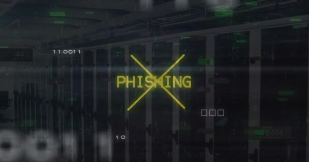 Animación Texto Phishing Patrón Placa Circuito Sobre Códigos Binarios Contra — Vídeo de stock
