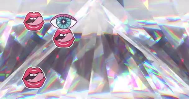 Animacja Oczu Warg Ikon Poruszających Się Nad Świecącymi Kryształami Streszczenie — Wideo stockowe