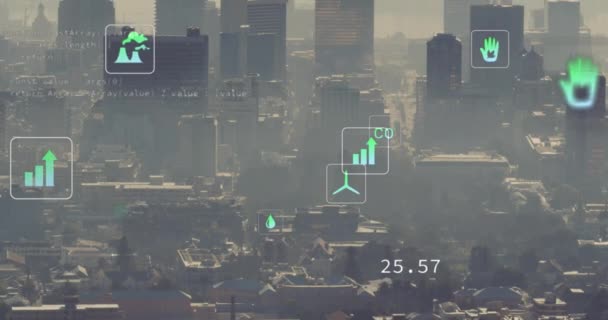 Animacja Eko Ikon Przetwarzanie Danych Finansowych Przestrzeni Miejskiej Koncepcja Globalnego — Wideo stockowe