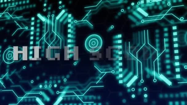 Animation Des Highscore Textes Über Einer Neonfarbenen Computerplatine Auf Schwarzem — Stockvideo