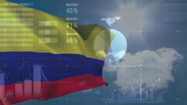 Animace Zpracování Dat Vlajky Kolumbie Nad Mraky Sluncem Globální Koncepce — Stock video